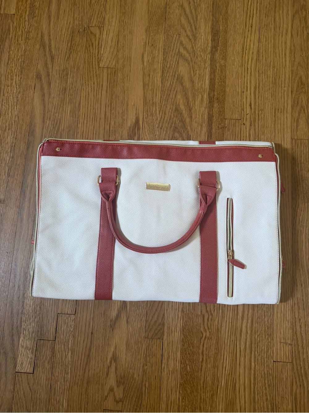 Women's White and Red Travel Tote Bag with Gold Accents